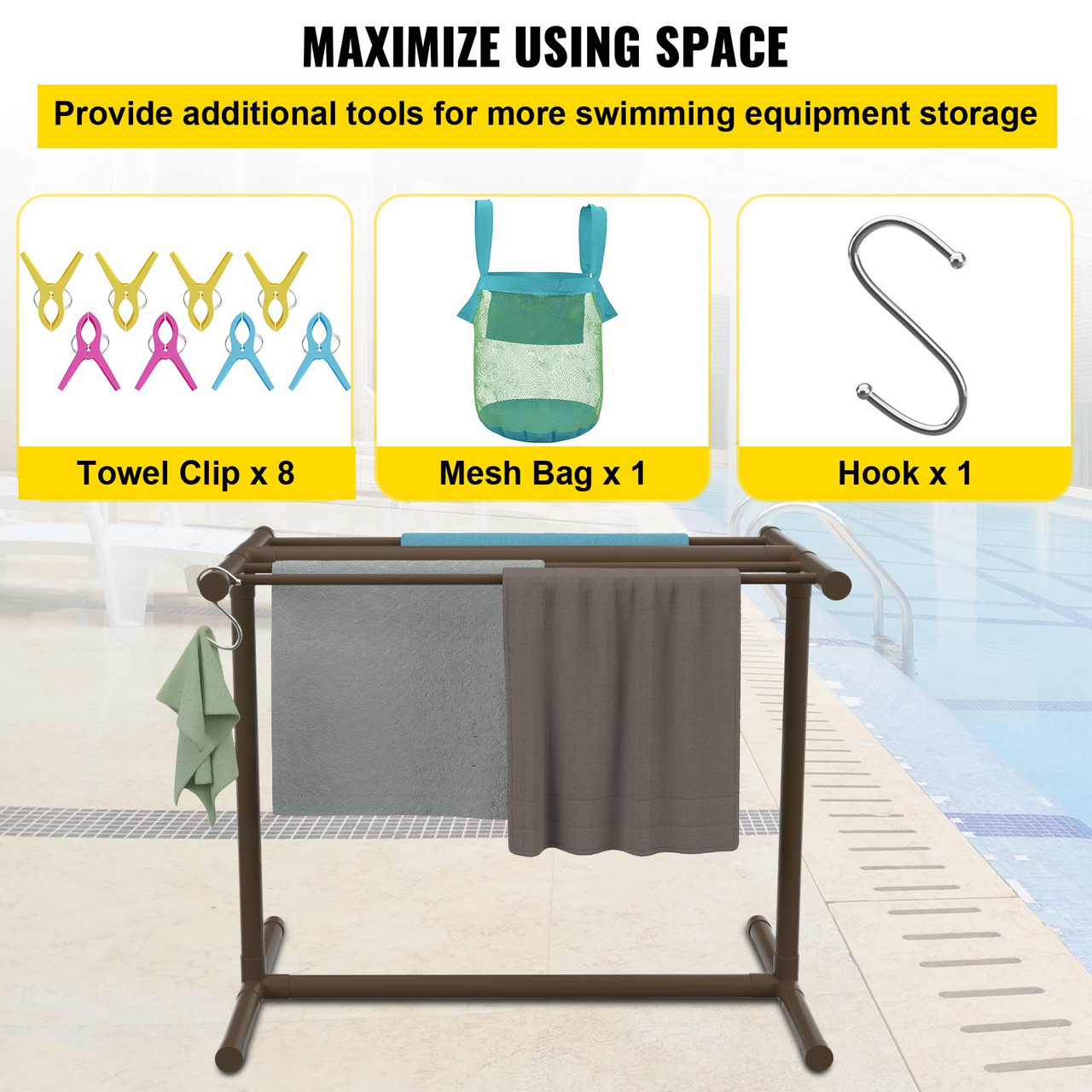 Pool Towel Rack, 5 Bar, Brown, Freestanding Outdoor PVC T-Shape Poolside Storage Organizer, Include 8 Towel Clips, Mesh Bag, Hook, Also Stores Floats and Paddles, for Beach, Swimming Pool, Home