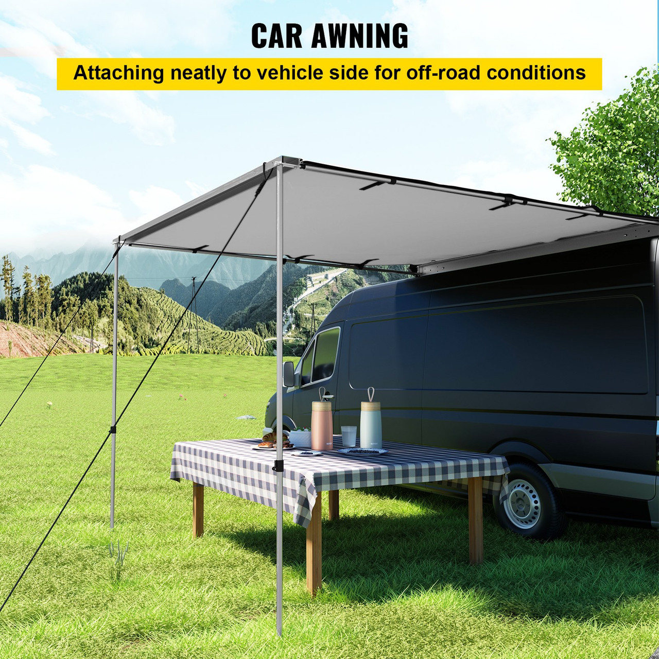 Car Side Awning, 6.5'x8.2', Pull-Out Retractable Vehicle Awning Waterproof UV50+, Telescoping Poles Trailer Sunshade Rooftop Tent w/ Carry Bag for Jeep/SUV/Truck/Van Outdoor Camping Travel, Grey