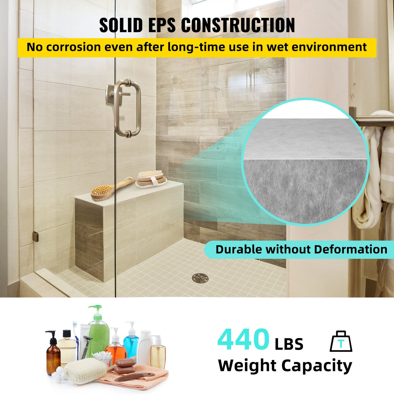 Tile Shower Seat, 47.2" x 16" x 20" Ready to Tile Shower Seat, Factory Waterproof & 100% Leak Proof Tileable Shower Corner Seat, 440lbs Load-Bearing