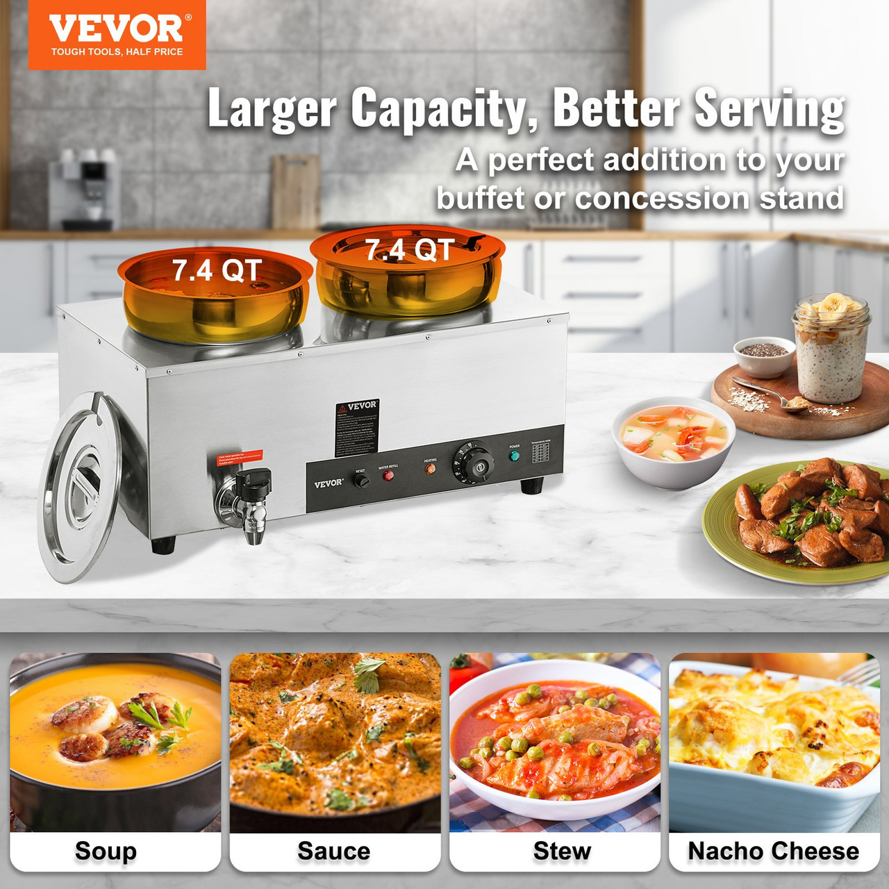 VEVOR 110V Commercial Soup Warmer 29.6 Qt Capacity, 1500W Electric Food  Warmer Adjustable Temp.86-185 , Stainless Steel Countertop Soup Pot with  Tap, Bain Marie Food Warmer for Cheese/Hot Dog/Rice