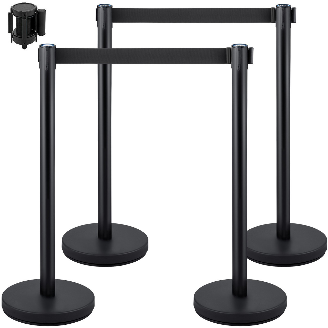 Crowd Control Stanchion, Set of 4 Pieces Stanchion Set, Stanchion Set with 6.6 ft/2 m Black Retractable Belt, Black Crowd Control Barrier w/Concrete and Metal Base – Easy Connect Assembly