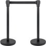 Crowd Control Stanchion, Set of 4 Pieces Stanchion Set, Stanchion Set with 6.6 ft/2 m Black Retractable Belt, Black Crowd Control Barrier w/Concrete and Metal Base - Easy Connect Assembly