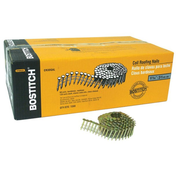 BOSTITCH Galvanized 15Â° Coil Roofing Nails, 1" Smooth Shank, 7200-Pack
