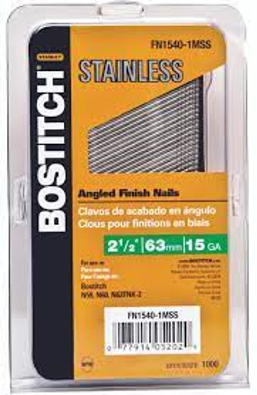 BOSTITCH MSS Angled Finish Nails 2-1/2 Inch 15-Gauge Stainless Steel FN Style 25 Degrees (4 Pcs)