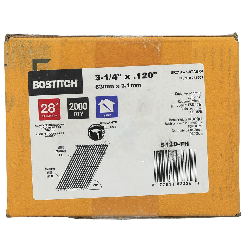 BOSTITCH 3-1/4" x .120 28Â° Wire Bright Smooth Shank Full Round Head Framing Nails