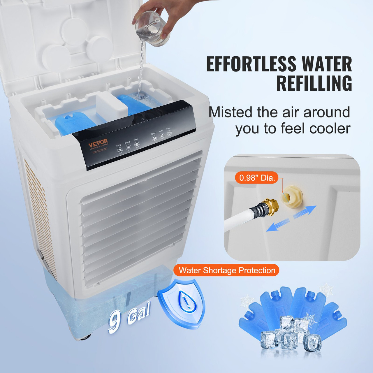 Evaporative Air Cooler, 3100 CFM, 135° Oscillating Swamp Cooler with Adjustable 3 Speeds and 12 H Timer, 9 Gal Portable Air Cooler for 950 Sq.ft, Indoor/Outdoor Use