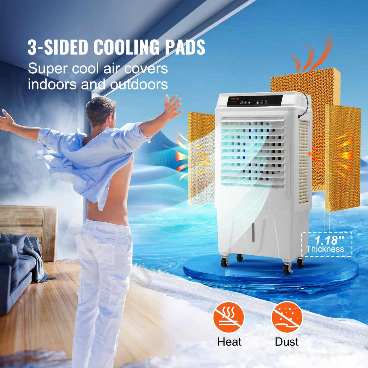 Evaporative Air Cooler, 3100 CFM, 135° Oscillating Swamp Cooler with Adjustable 3 Speeds and 12 H Timer, 9 Gal Portable Air Cooler for 950 Sq.ft, Indoor/Outdoor Use