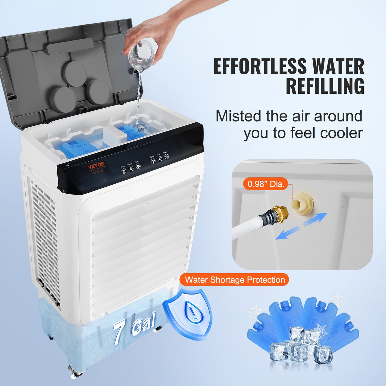 Evaporative Air Cooler, 2100 CFM, 135Â° Oscillating Swamp Cooler with Adjustable 3 Speeds and 12 H Timer, 7 Gal Portable Air Cooler for 750 Sq.ft, Indoor/Outdoor Use