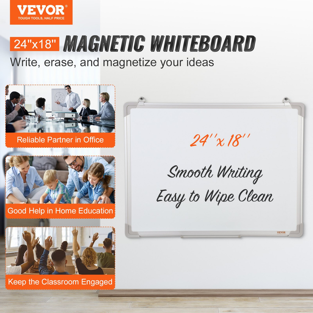 Magnetic Whiteboard, 24 x 18 Inches, Dry Erase Board for Wall with Aluminum Frame, White Board Includes 1 Magnetic Erase & 2 Dry Erase Marker & Movable Tray for Office Home Restaurant and School