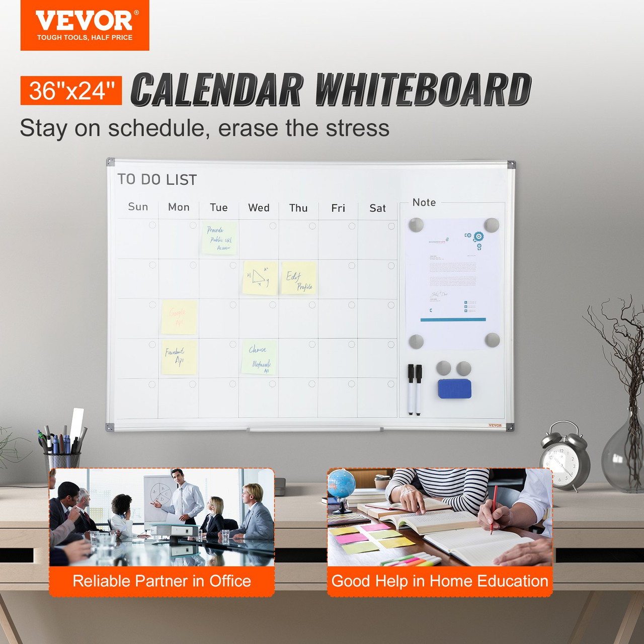 Calendar Whiteboard, 36 x 24 Inches Magnetic Dry Erase Calendar Board, Monthly Planner Whiteboard for Wall, 1 Magnetic Erase & 2 Dry Erase Marker & Movable Tray for Restaurant Office Home School