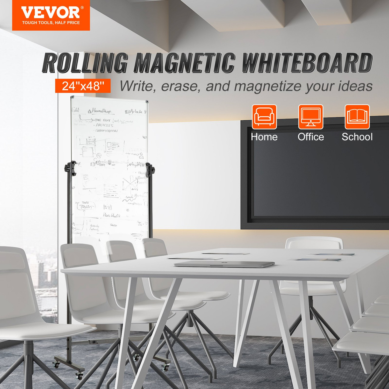 Rolling Magnetic Whiteboard, Double-sided Mobile Whiteboard 24x48 Inches, Adjustable Height Dry Erase Board with Wheels, 1 Magnetic Erase & 3 Dry Erase Markers & Movable Tray for Office School