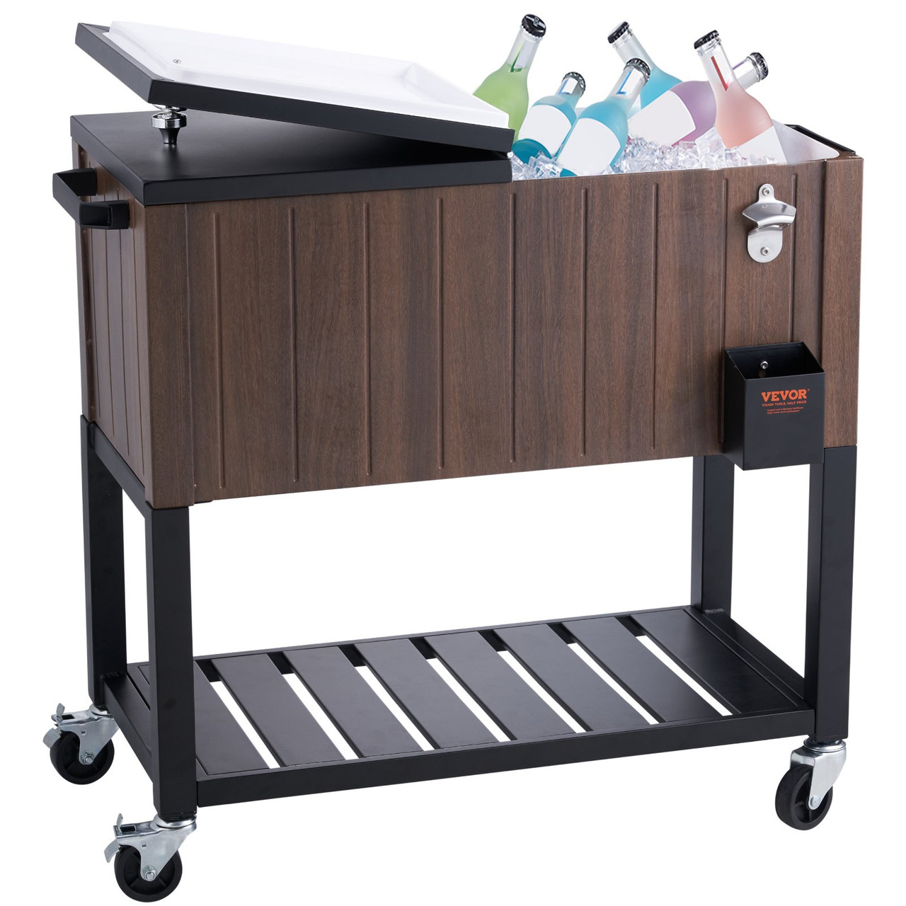 Rolling Ice Chest Cooler Cart 80 Quart, Portable Bar Drink Cooler, Beverage Bar Stand Up Cooler with Wheels, Bottle Opener, Handles for Patio Backyard Party Pool, Wooden Teak Accent, Brown