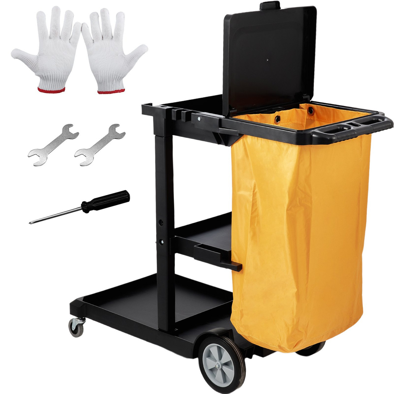 Cleaning Cart, 3-Shelf Commercial Janitorial Cart, 200 lbs Capacity Plastic Housekeeping Cart, with 25 Gallon PVC Bag and Cover, 47 x 20 x 38.6in, Yellow&Black