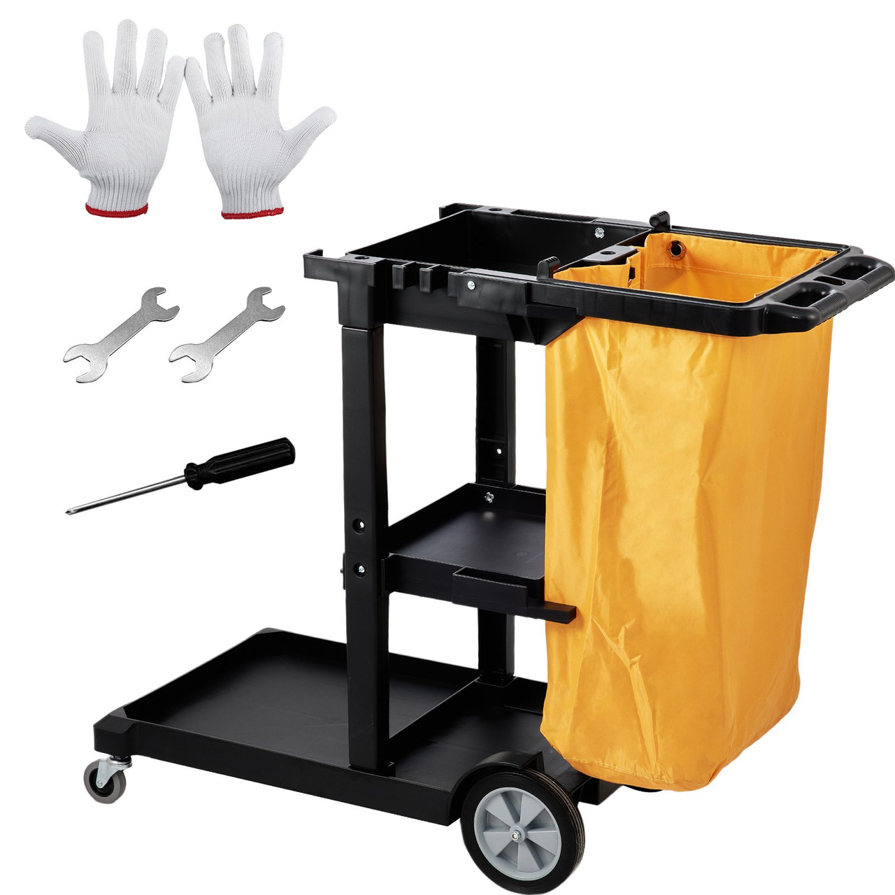 Cleaning Cart, 3-Shelf Commercial Janitorial Cart, 200 lbs Capacity Plastic Housekeeping Cart, with 25 Gallon PVC Bag, 47 x 20 x 38.6in, Yellow&Black