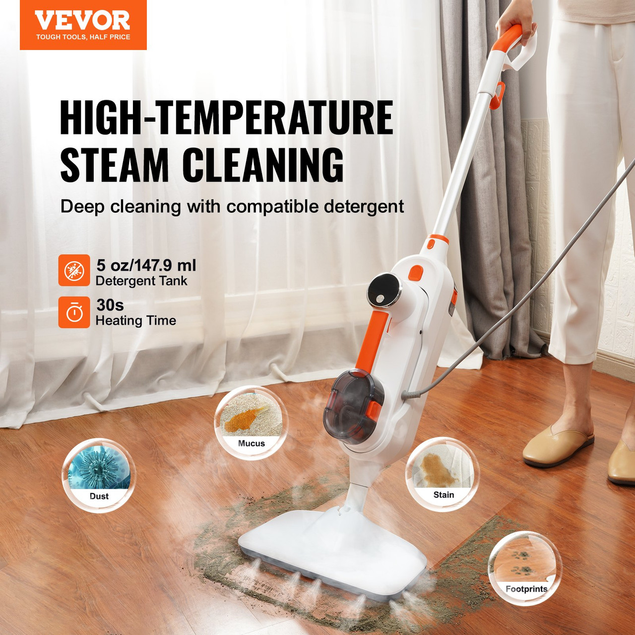 Steam Mop, 8-in-1 Hard Wood Floor Cleaner with 7 Replaceable Brush Heads, for Various Hard Floors, Like Ceramic, Granite, Marble, Linoleum, Natural Floor Mop with 2 pcs Machine Washable Pads