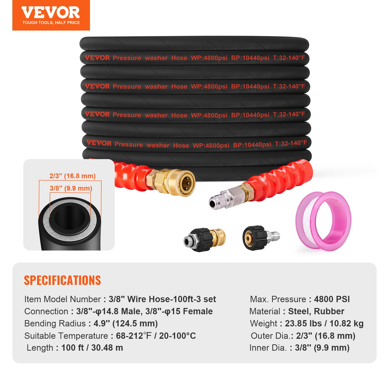 Pressure Washer Hose, 100FT, Kink Free 3/8"-Ï†14.8 Male, 3/8"-Ï†15 Female For Most Brand Pressure Washers, 4.9'' Bending Radius, 4800 PSI Heavy Duty Power Washer Extension Replacement Hose