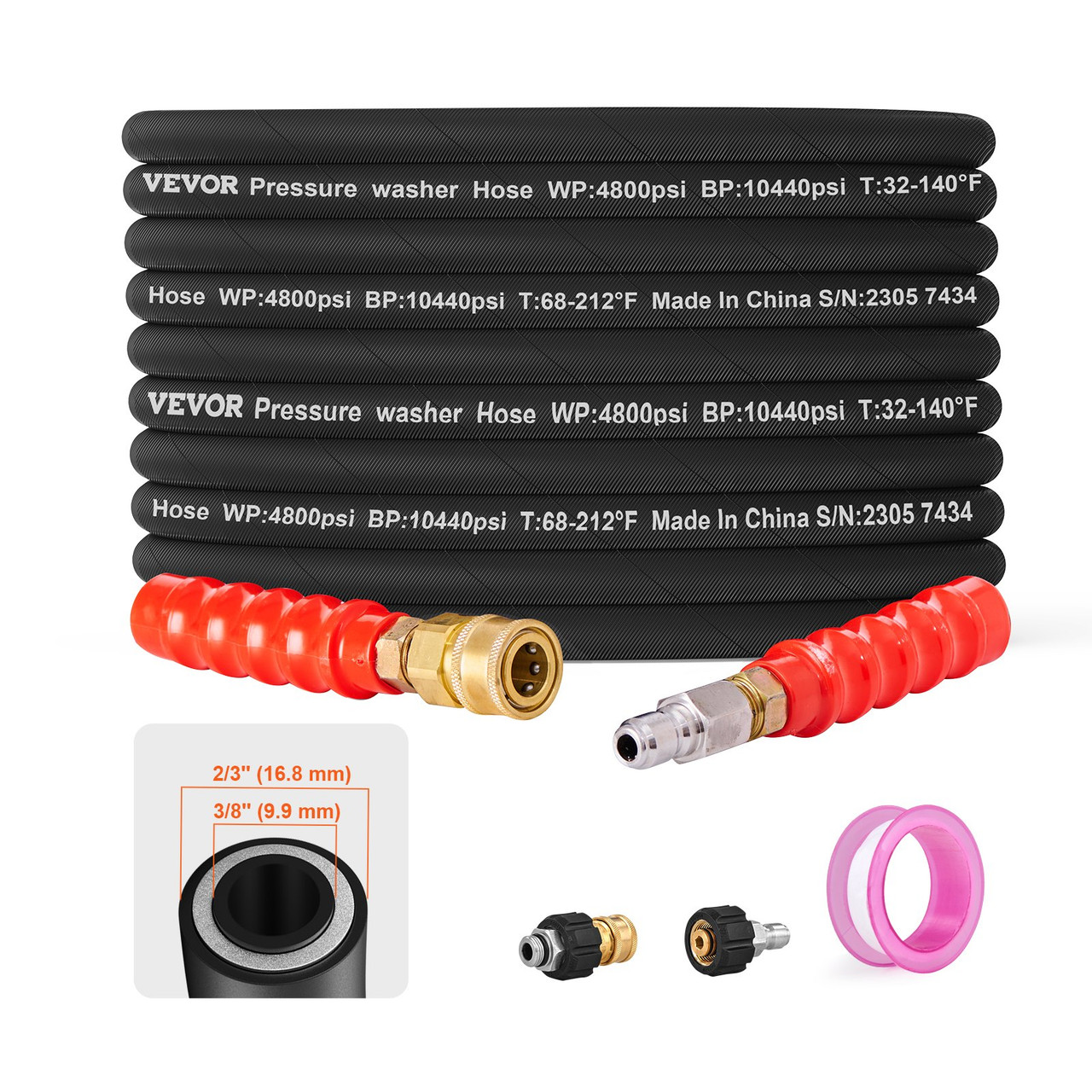 Pressure Washer Hose, 100FT, Kink Free 3/8"-Ï†14.8 Male, 3/8"-Ï†15 Female For Most Brand Pressure Washers, 4.9'' Bending Radius, 4800 PSI Heavy Duty Power Washer Extension Replacement Hose