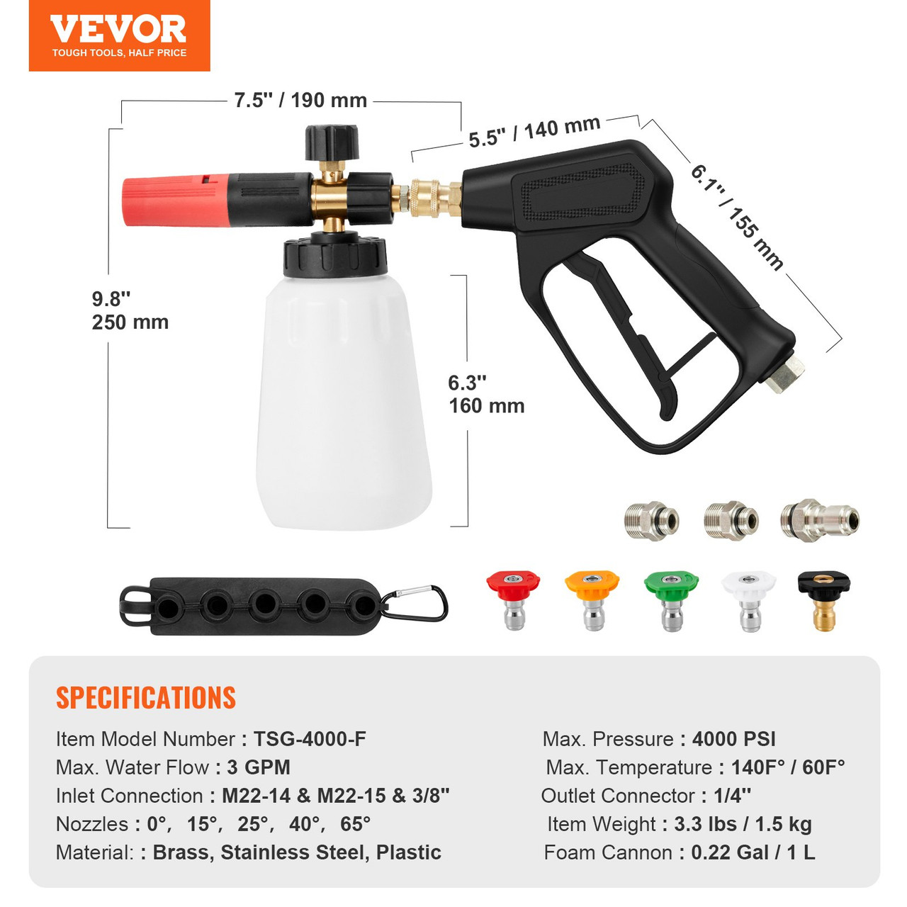 Pressure Washer Gun Set, 0.22 Gal Foam Cannon, 4000 PSI Washer Spay Gun  with 1/4 Inch Quick Connector  Nozzle Tips, Pressure Washer Handle with  M22-14 mm  M22-15mm  3/8'' Inlet Connector