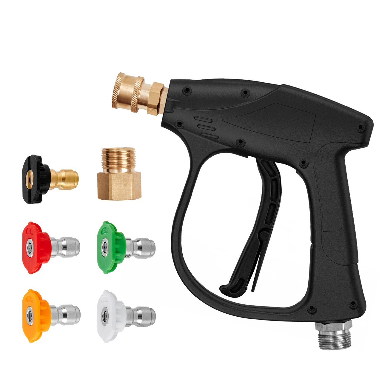 Short Pressure Washer Gun, 4350 PSI High Power Washer Spay Gun, M22-14 Inlet & 1/4'' Outlet Hose Connector Foam Gun, Stainless Steel Pressure Washer Handle with 5 Color Quick Connect Nozzles