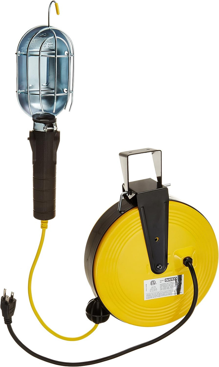 Bayco SL-851 Professional Series Metal Shield Incandescent Utility Light on 50  Foot Metal Reel Yellow