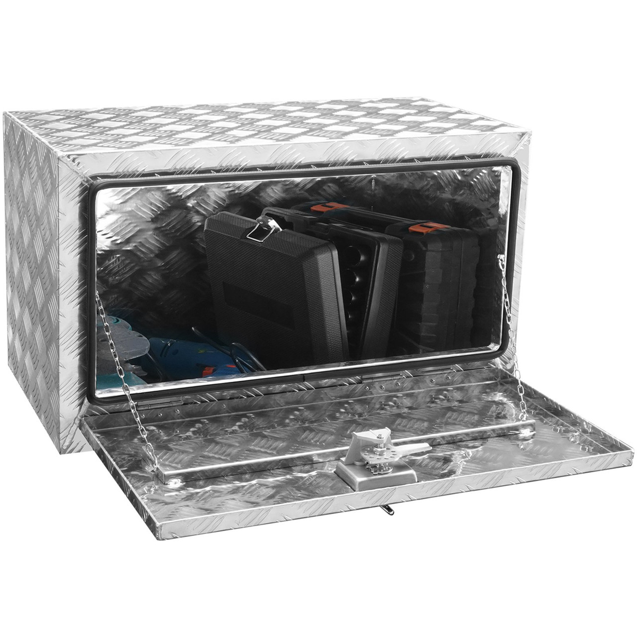 Underbody Truck Box, 30"Ã—14"Ã—16" Pickup Storage Box, Heavy Duty Aluminum Diamond Plate Tool Box with Lock and Keys, Waterproof Trailer Storage Box with T-Handle Latch for Truck, Van, Trailer