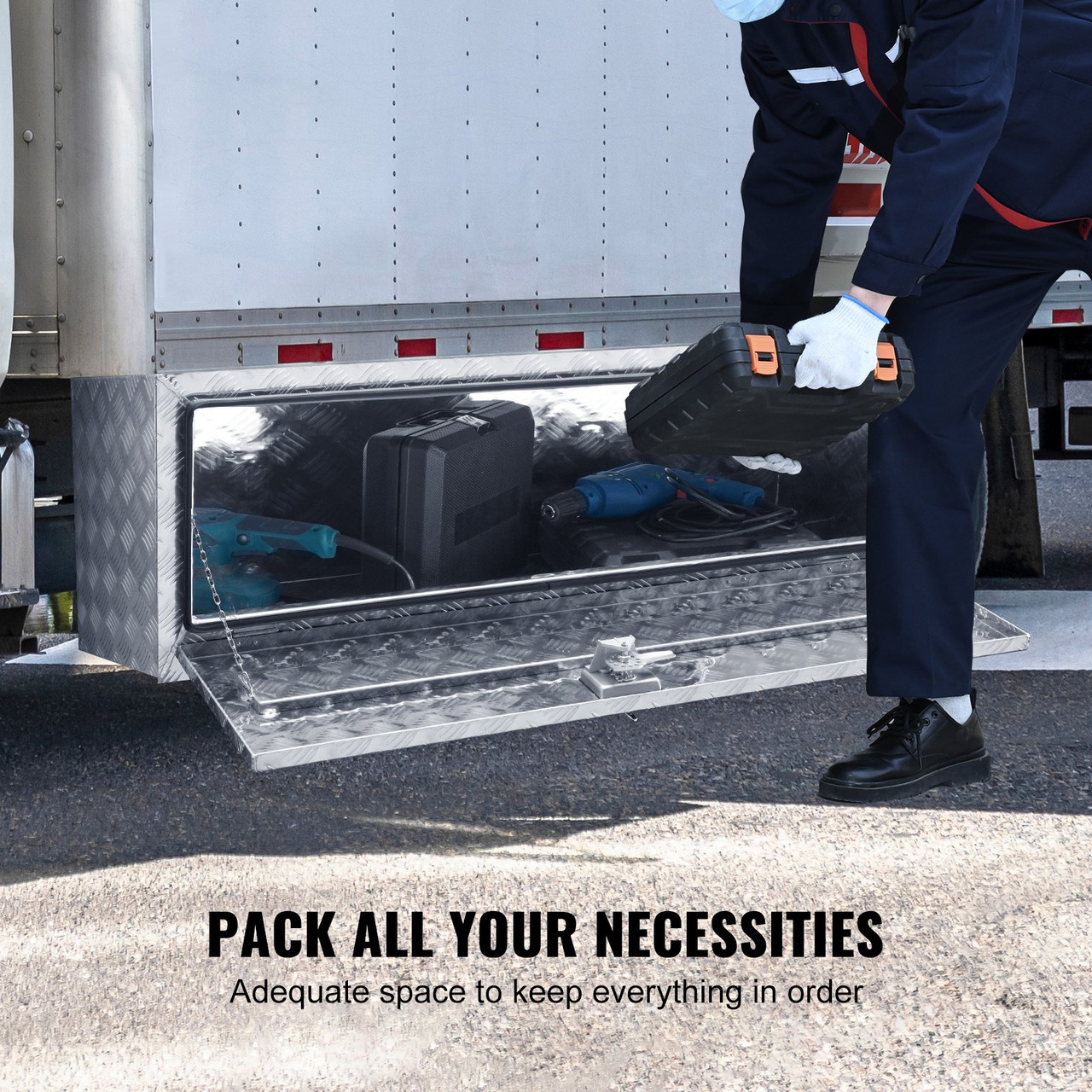 Underbody Truck Box, 48"17"18" Pickup Storage Box, Heavy Duty Aluminum Diamond Plate Tool Box with Lock and Keys, Waterproof Trailer Storage Box with T-Handle Latch for Truck, Van, Trailer