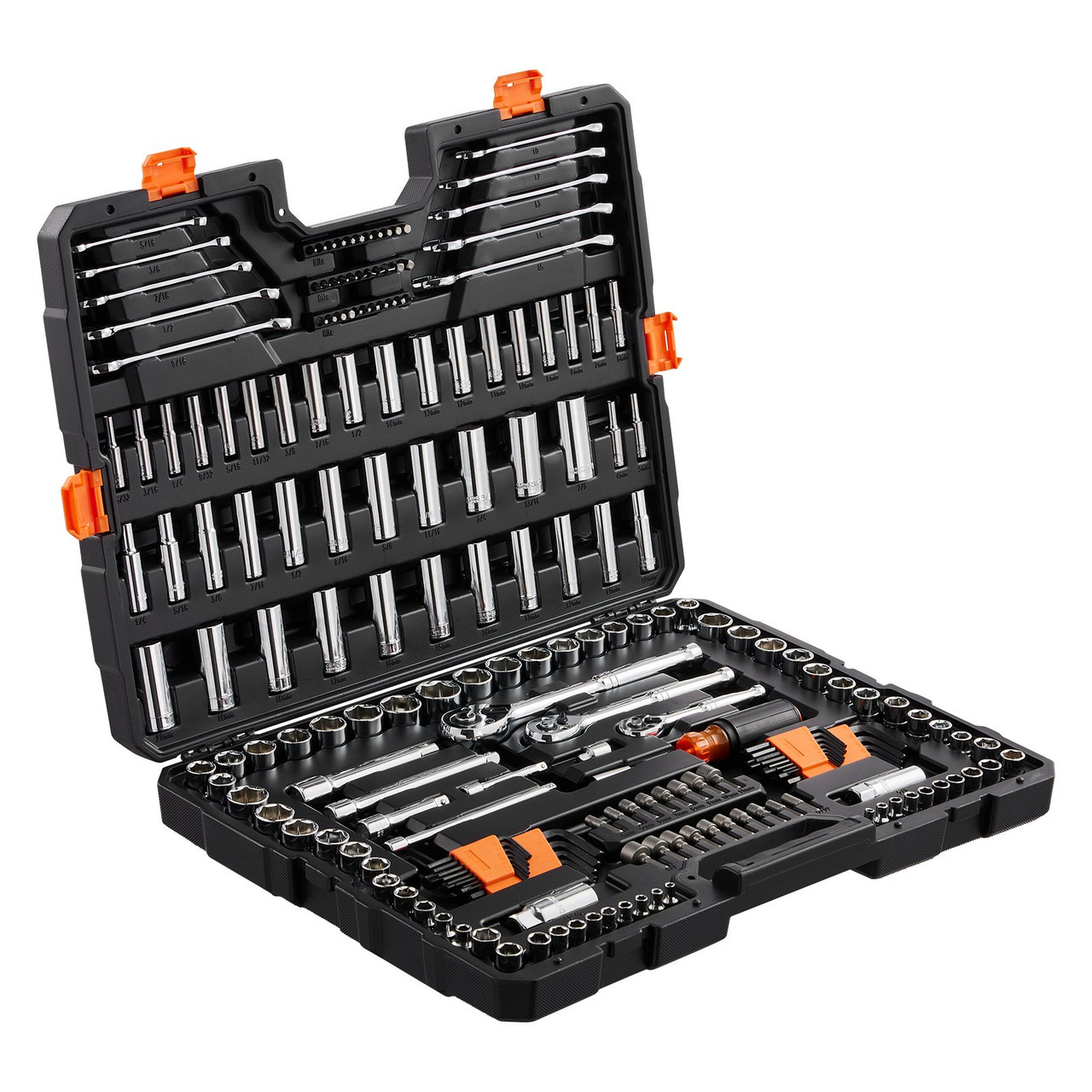 Mechanics Tool Set and Socket Set, 1/4" 3/8" 1/2" Drive Deep and Standard Sockets, 205 Pcs SAE and Metric Mechanic Tool Kit with Bits, Combination Wrench, Hex Wrenches, Accessories, Storage Case