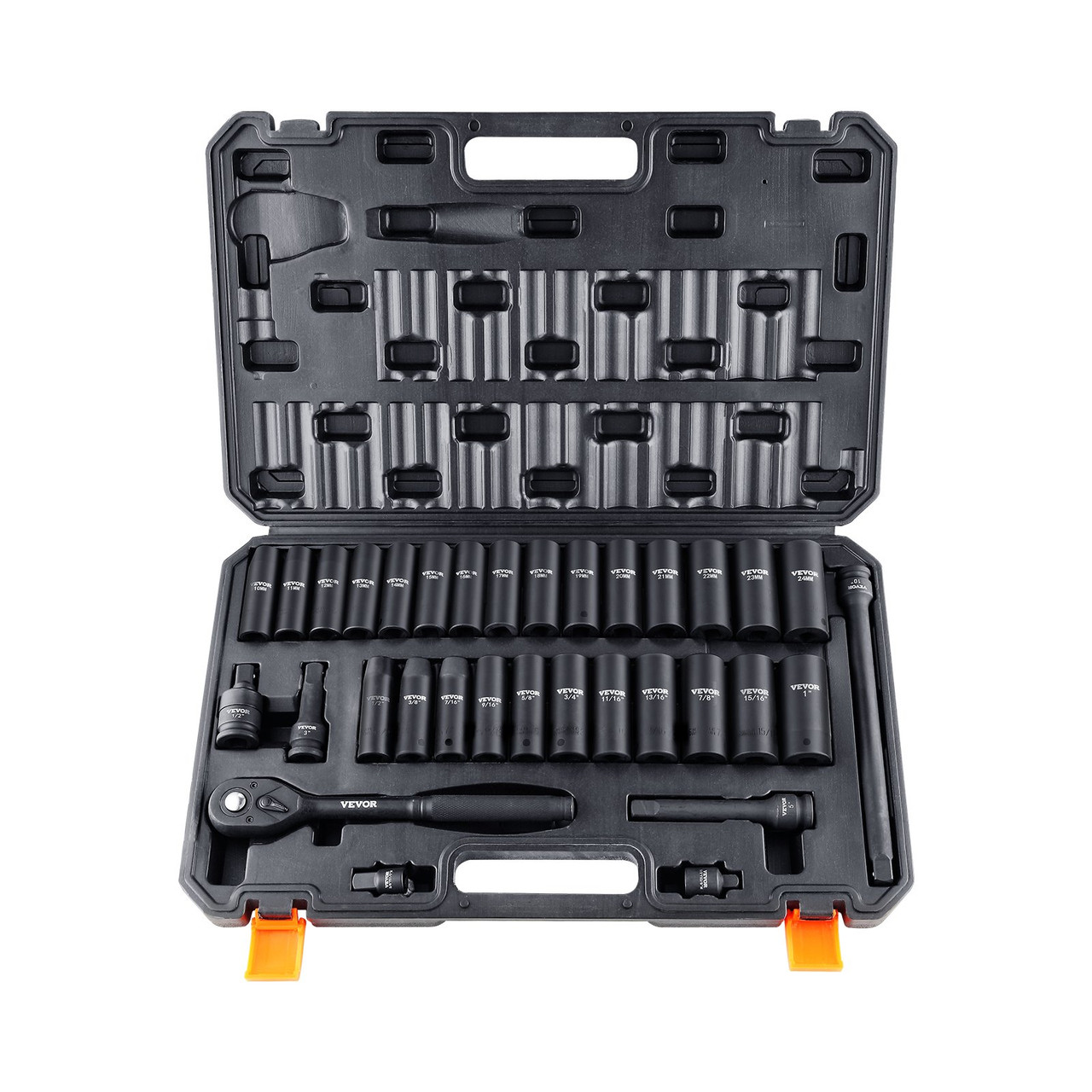1/2" Drive Impact Socket Set, 33 Piece Socket Set SAE 3/8"-1" and Metric 10-24mm, 6 Point Cr-V Alloy Steel for Auto Repair, Easy-to-Read Size Markings, Rugged Construction, Includes Storage Case