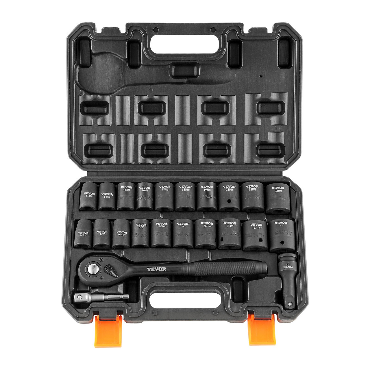 1/2" Drive Impact Socket Set, 23 Piece Socket Set SAE 7/16" -1" and Metric 13-24mm, 6 Point Cr-V Alloy Steel for Auto Repair, Easy-to-Read Size Markings, Rugged Construction, Storage Case