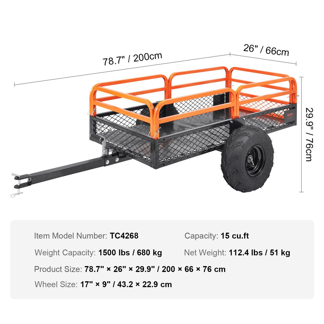 Heavy Duty Steel ATV Dump Trailer, 1500-Pound Load Capacity 15 Cubic Feet, Tow Behind Dump Cart Garden Trailer, with Removable Sides and 2 Tires, for Mowers, Tractors, ATV, UTV