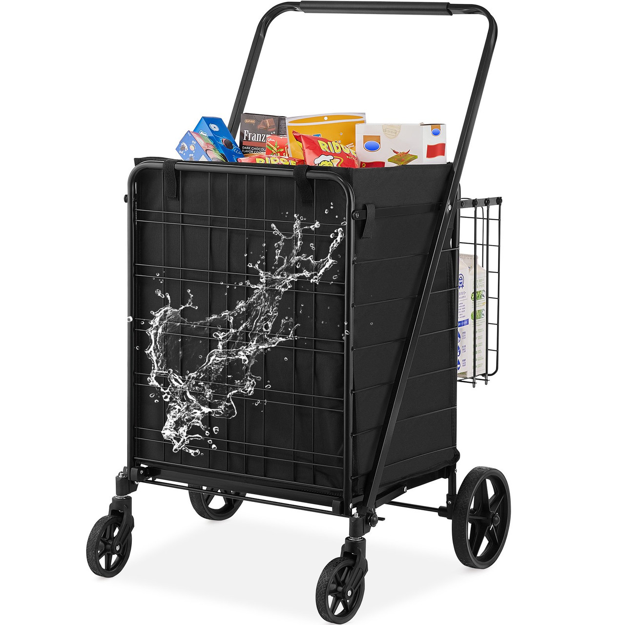 Folding Shopping Cart with Removable Waterproof Liner, 330LBS Large Capacity Jumbo Grocery Cart with Dual Basket, 360Â° Swivel Wheels, Dense Metal Mesh Base, Heavy Duty Utility Cart for Shopping