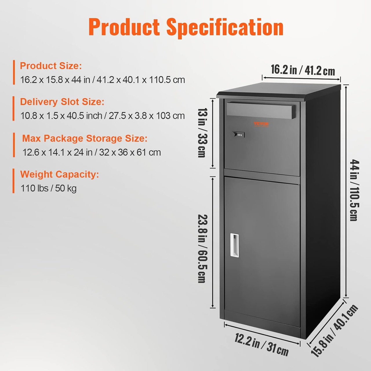 Package Delivery Boxes for Outside 16.2"x15.8"x44", Galvanized Steel Package Delivery Box with Coded Lock, Removable Anti-theft Baffle, IPX3 Waterproof Parcel Drop Box for Outside, Porch