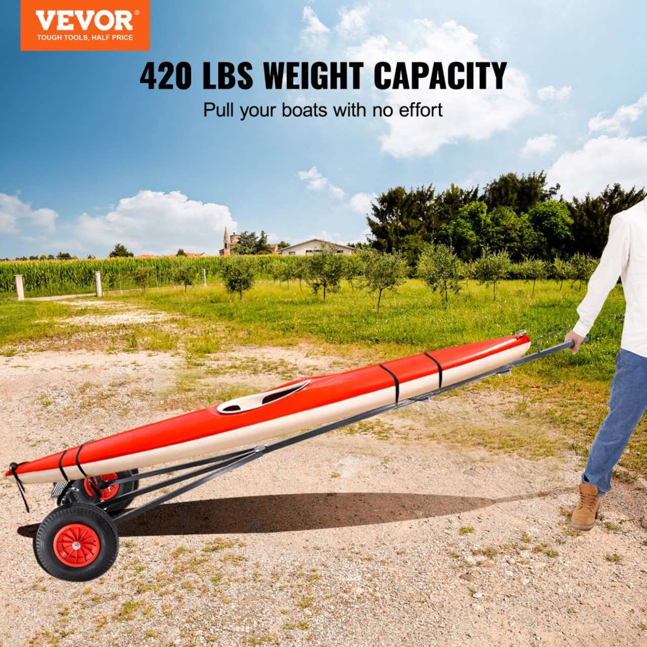 VEVOR Boat Trailer Dolly, 420lbs Load Capacity, Carbon Steel Trailer Mover with 96''-116'' Adjustable Length, 16'' Pneumatic Tires & Nonslip Support Bracket, for Moving Kayak Motorboat Fishing Boat