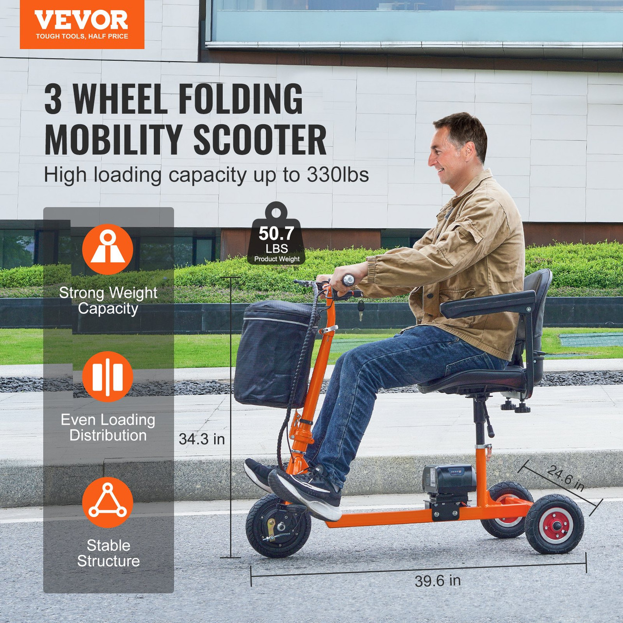 Foldable 3 Wheel Mobility Scooter for Adults & Seniors, Heavy-Duty Electric Powered Mobility Scooter with 12 Mile Long Range, All Terrain Travel Wheelchair with 48V Lithium-ion Batteries, 330LBS