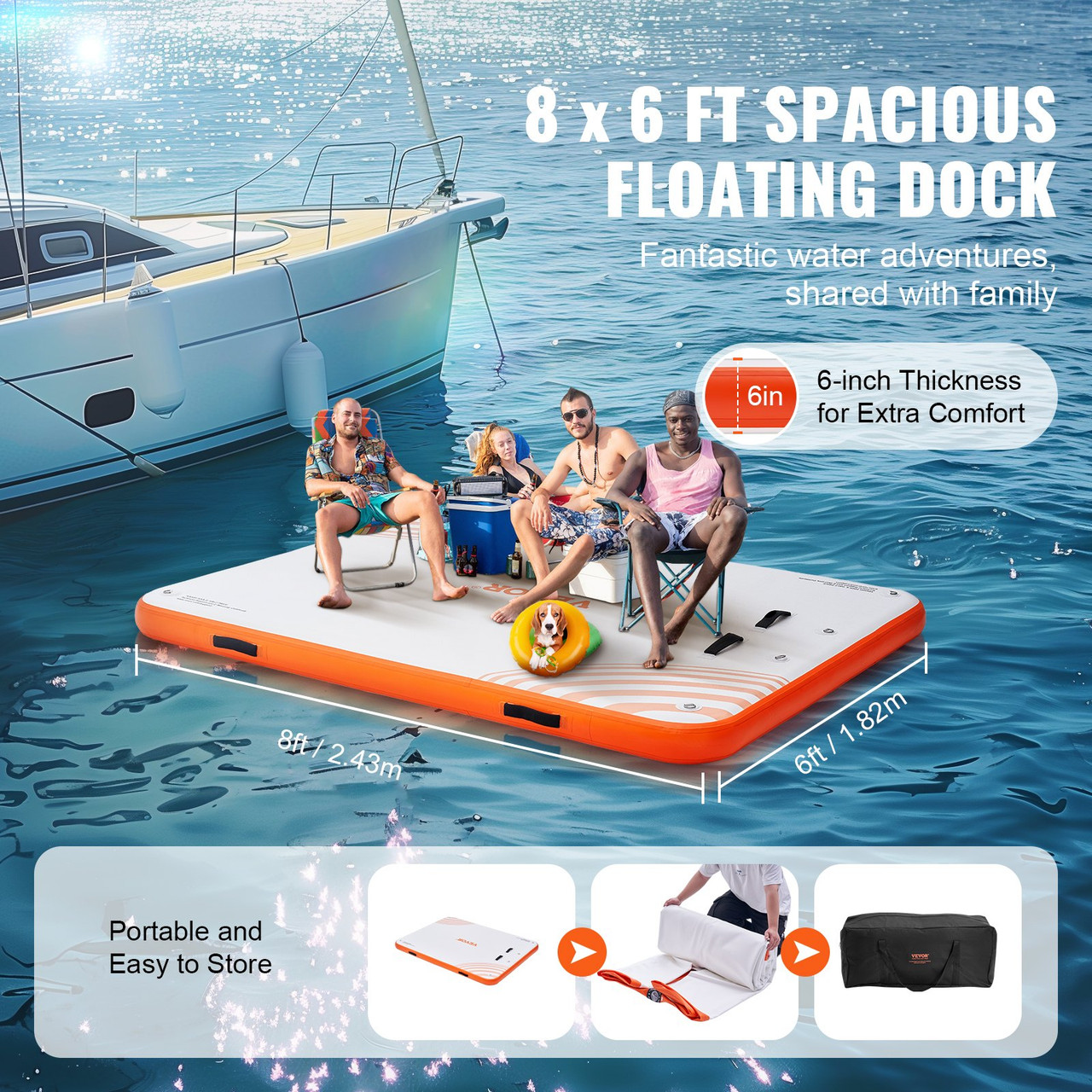 Inflatable Floating Dock, 8 x 6FT Inflatable Dock Platform, Non-Slip Water Floating Dock Mat with Detachable Ladder & Portable Carrying Bag, Floating Platform Island Raft for Ocean Pool Beach