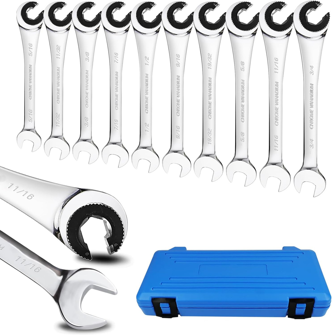 10 pcs SAE Ratcheting Wrench Combination Wrench Set 10 Pcs/Set with 72 Teeth, Chrome Vanadium Steel Tubing Ratchet Spanner US and European Patentsï¼‰ (200-9KDSZ)