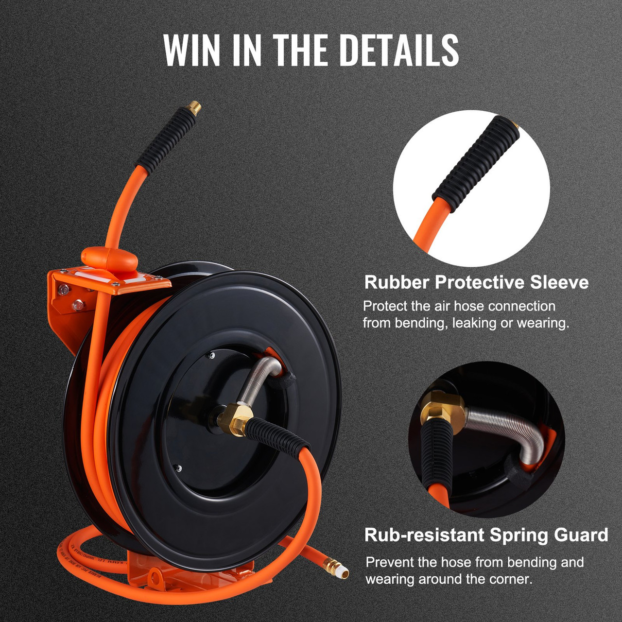 Retractable Air Hose Reel, 3/8 IN x 50 FT Hybrid Air Hose Max 300PSI, Air Compressor Hose Reel with 5 ft Lead in, Ceiling / Wall Mount Heavy Duty Double Arm Steel Reel 