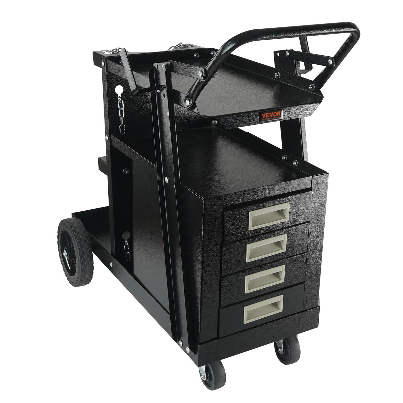 Welding Cart, 2-Tier 4 Drawers Welder Cart with 265 LBS Weight Capacity, 360° Swivel Wheels, Tank Storage Safety Chains, Heavy Duty Rolling MIG Welder Cart for Mig Welder and Plasma Cutter