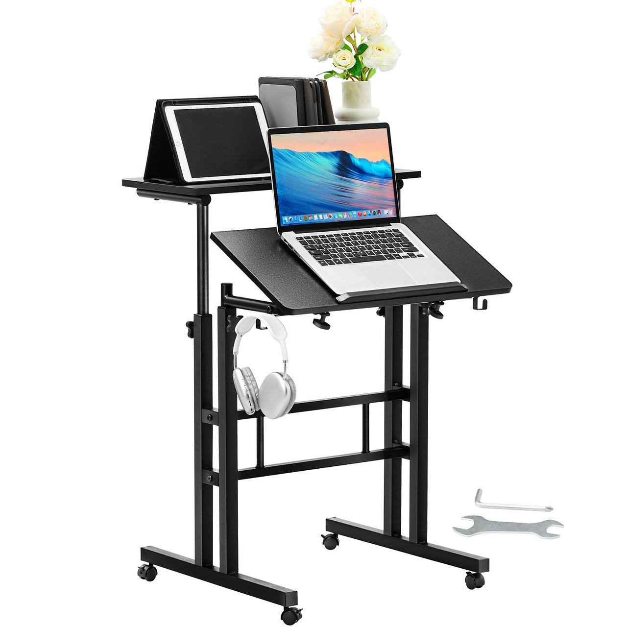 Mobile Standing Desk, 26.4"-44.9" Gas-Spring Height Adjustable Sit-Stand Desk, Home Office Rolling Laptop Table 360Â° Swivel Wheels (4 Lockable), 0-45Â° Tillable Desktop, 2 Hooks, 40LBS Loading
