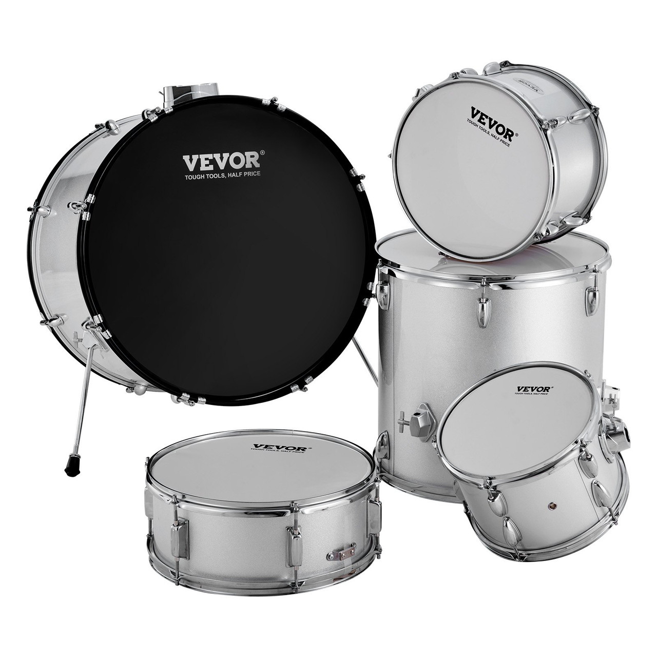 Adult Drum Set, 5-Piece, 22 inches Complete Full Size Drum Kit with Bass Toms Snare Floor Drum Adjustable Throne Stands Cymbal Hi-Hat Pedal and Drumsticks, Beginner Drum Kit for Adults, Silver
