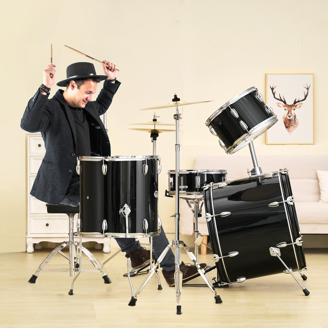 Adult Drum Set, 5-Piece, 22 inches Complete Full Size Drum Kit with Bass Toms Snare Floor Drum Adjustable Throne Stands Cymbal Hi-Hat Pedal and Drumsticks, Beginner Drum Kit for Adults, Black