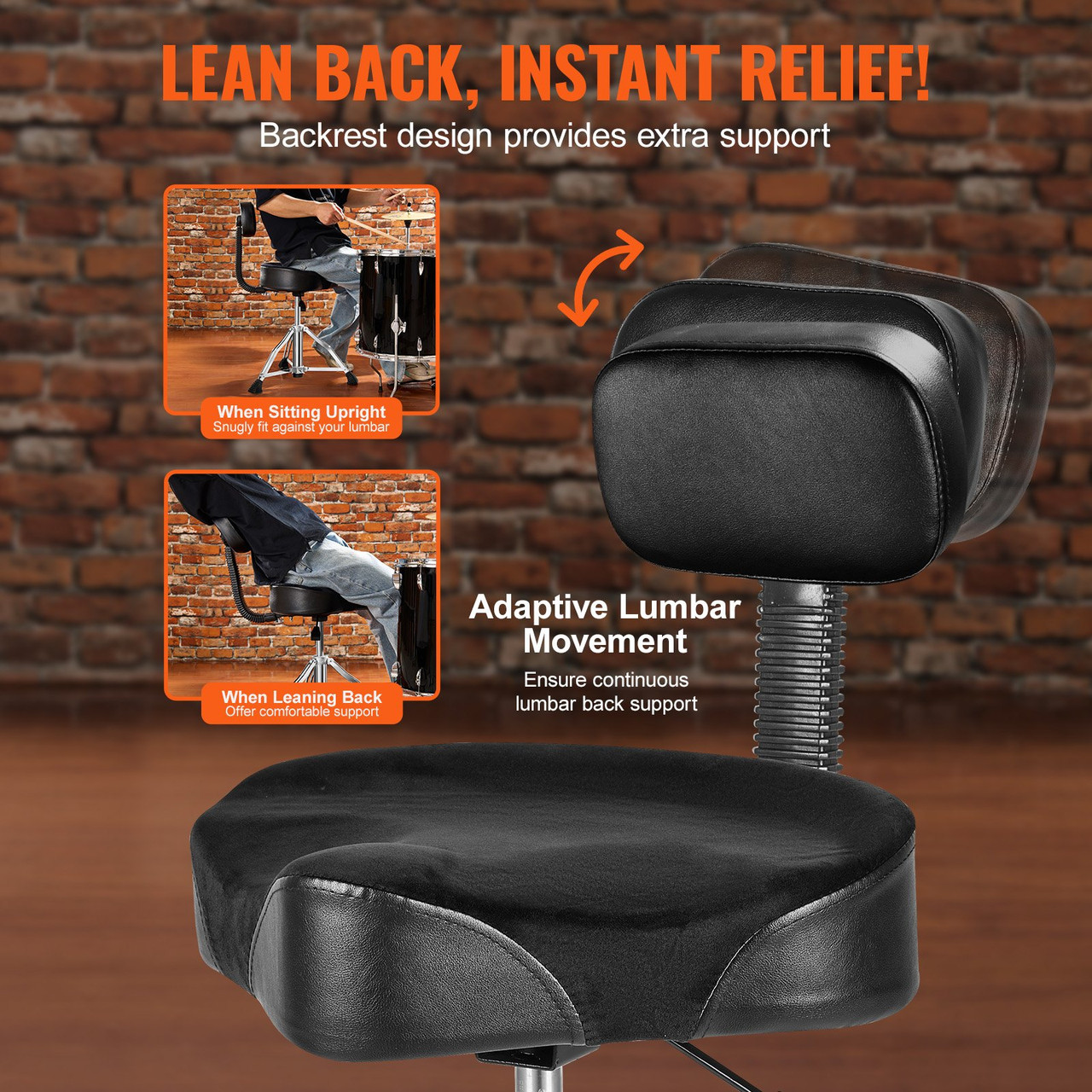 Drum Throne with Backrest, 19.3-25.2 in/490-640 mm Height Adjustable, Hydraulic Saddle Padded Drum Stool Seat with Anti-Slip Feet Drumsticks 500 lbs/227 kg Max Capacity, 360Â°Swivel for Drummers