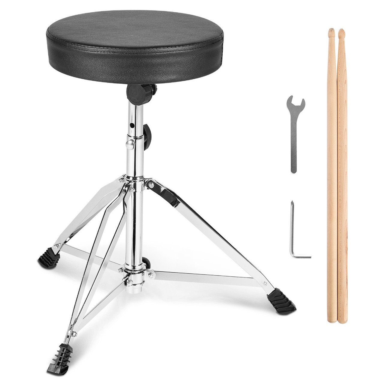 Drum Throne, 19.3 to 23 in / 490-585 mm Height Adjustable, Padded Drum Stool Seat with Anti-Slip Feet 5A Drumsticks 330 lbs / 150 kg Maximum Weight Capacity, 360Â° Swivel Drum Chair for Drummers