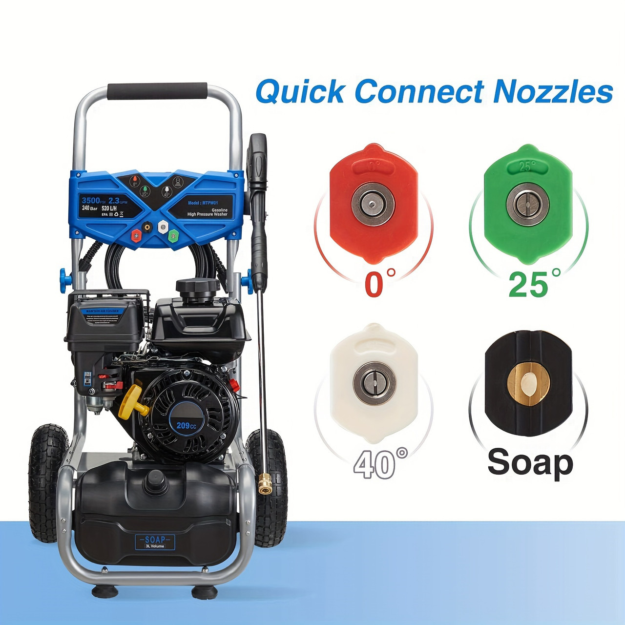 Pressure Washer, 3500PSI 2.3GPM Gas Powered High-pressure Washer With OHV 209CC Engine, 4 Adjustable Nozzles, 25 Foot Hose For Cleaning Walls, Terraces, Vehicles, And Gardens