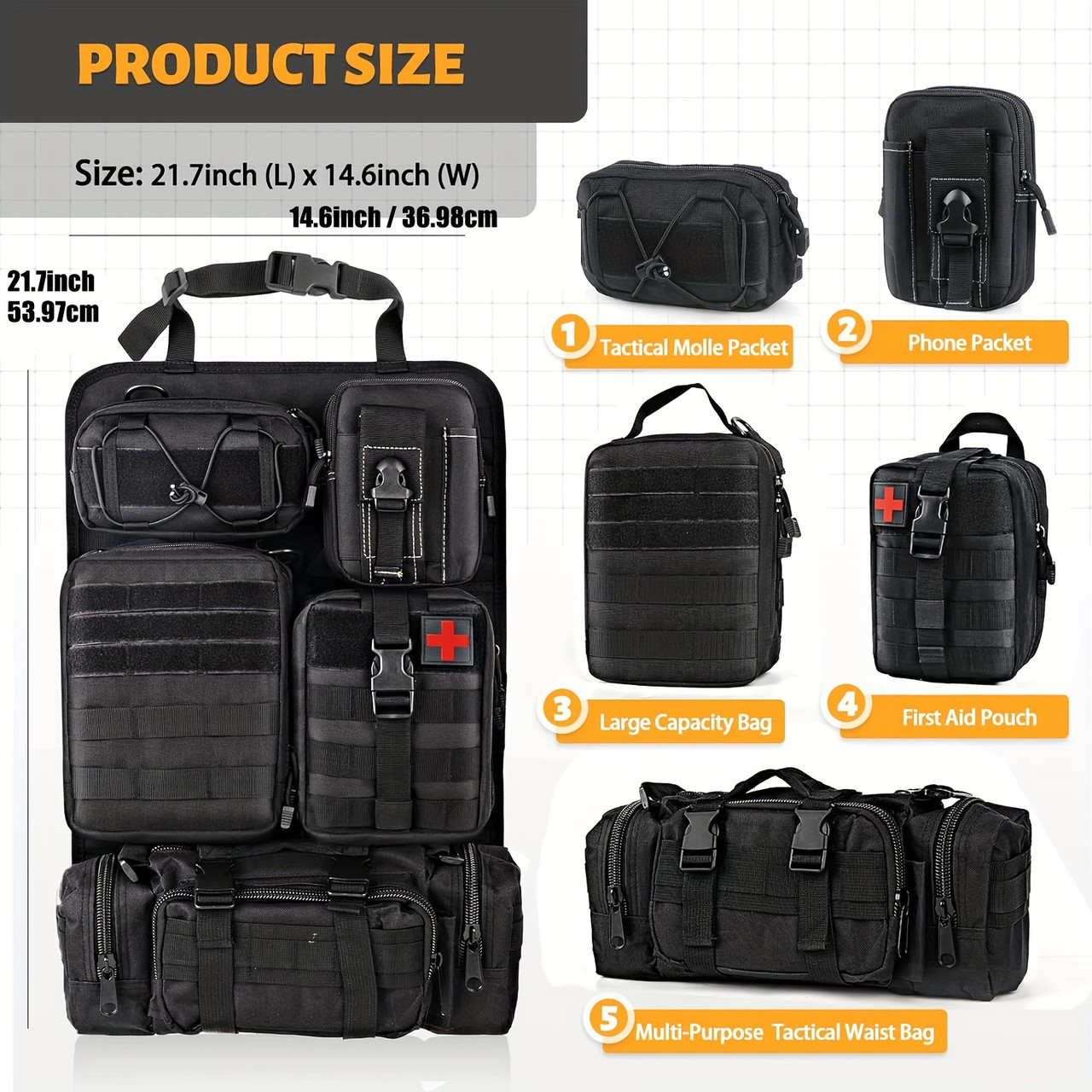 5 Detachable Tactical Car Seat Backrest Organizer, Vehicle Panel Organizer With Removable Molle Pockets Medical Phone Pouch Universal Fit For Most Vehicles 5 Detachable Tactical Car Seat Backrest Organizer, Vehicle Panel Organizer With Removable Molle Pockets Medical Phone Pouch Universal Fit For Most Vehicles