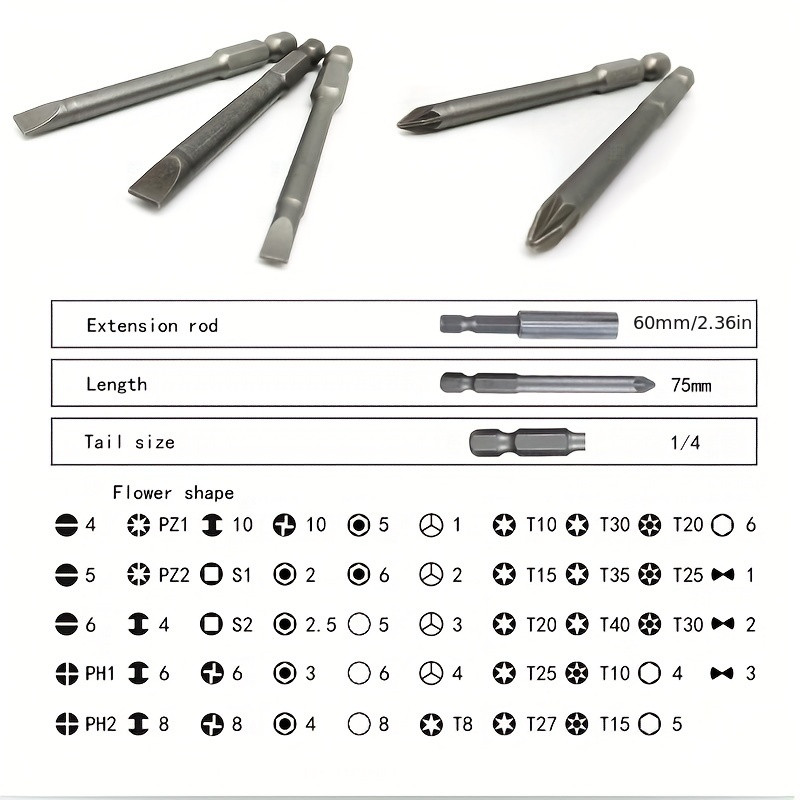 50pcs 75mm Extra Long Drill Bit Set Safety Screwdriver Bit Torx Star Hex Drill Bit