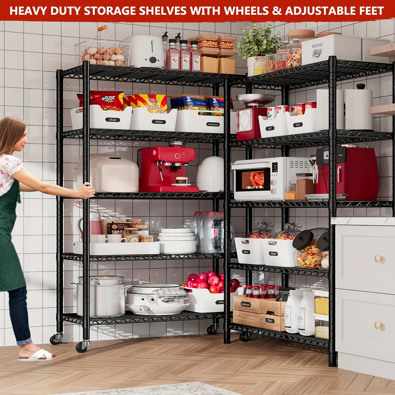 76''H Wire Shelving Loads 2100LBS, 5 Tier Metal Shelving with Adjustable Storage Shelves 36''W Garage Shelving Heavy Duty with Wheels Metal Shelves for Storage Rack, 76''HX36''WX16''D