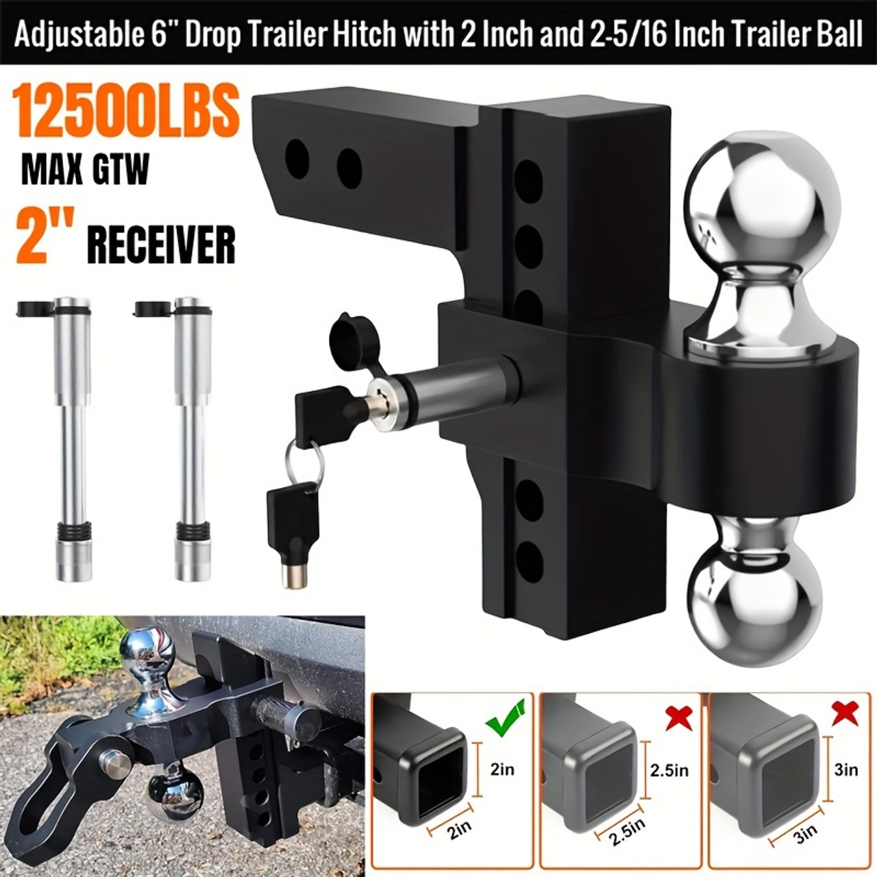 Adjustable Trailer Hitch, 6" Drop/Rise Alloy Steel Drop Hitch With Shackle Hitch, Fits 2-Inch Receiver Only, 12, 500 LBS GTW-Drop Hitch Ball Mount For Heavy Duty Truck, Black