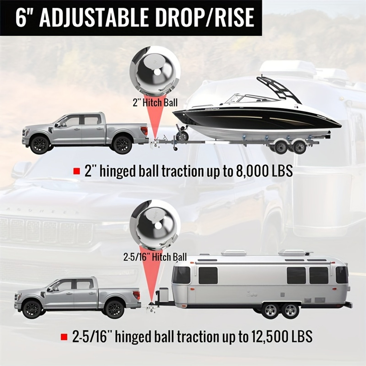 Adjustable Trailer Hitch, 6" Drop/Rise Alloy Steel Drop Hitch With Shackle Hitch, Fits 2-Inch Receiver Only, 12, 500 LBS GTW-Drop Hitch Ball Mount For Heavy Duty Truck, Black