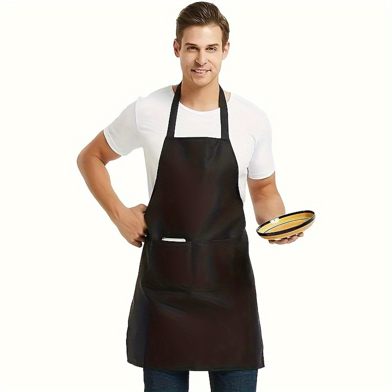 10pcs Black Kitchen Aprons with Pockets - Durable Polyester, Perfect for Cooking & Grilling, Machine Washable - Ideal for Restaurants & Couples
